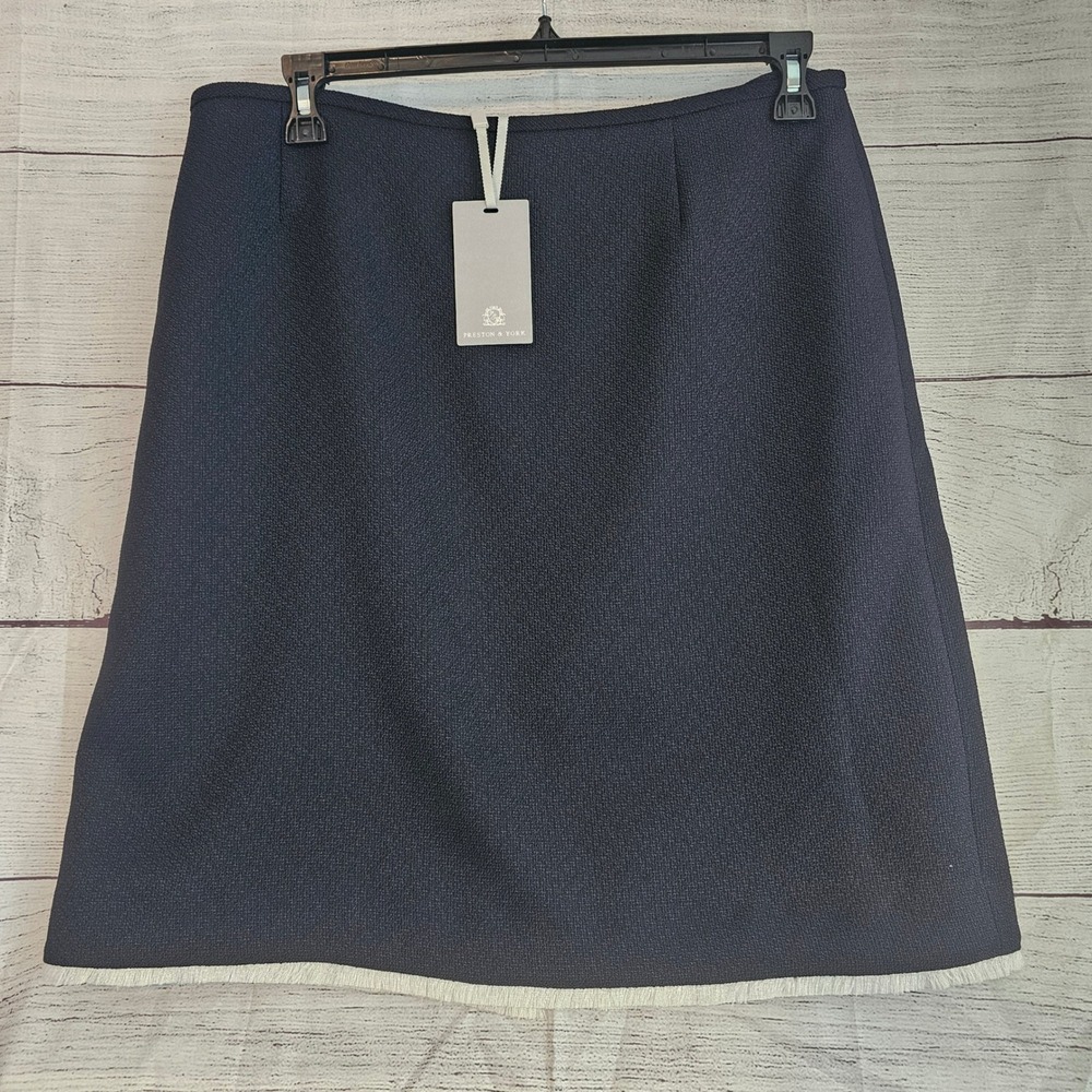 Preston & York‎ 16 Nautical Glam Suzanne Tweed Knee Skirt Dk Navy White Hem 1070